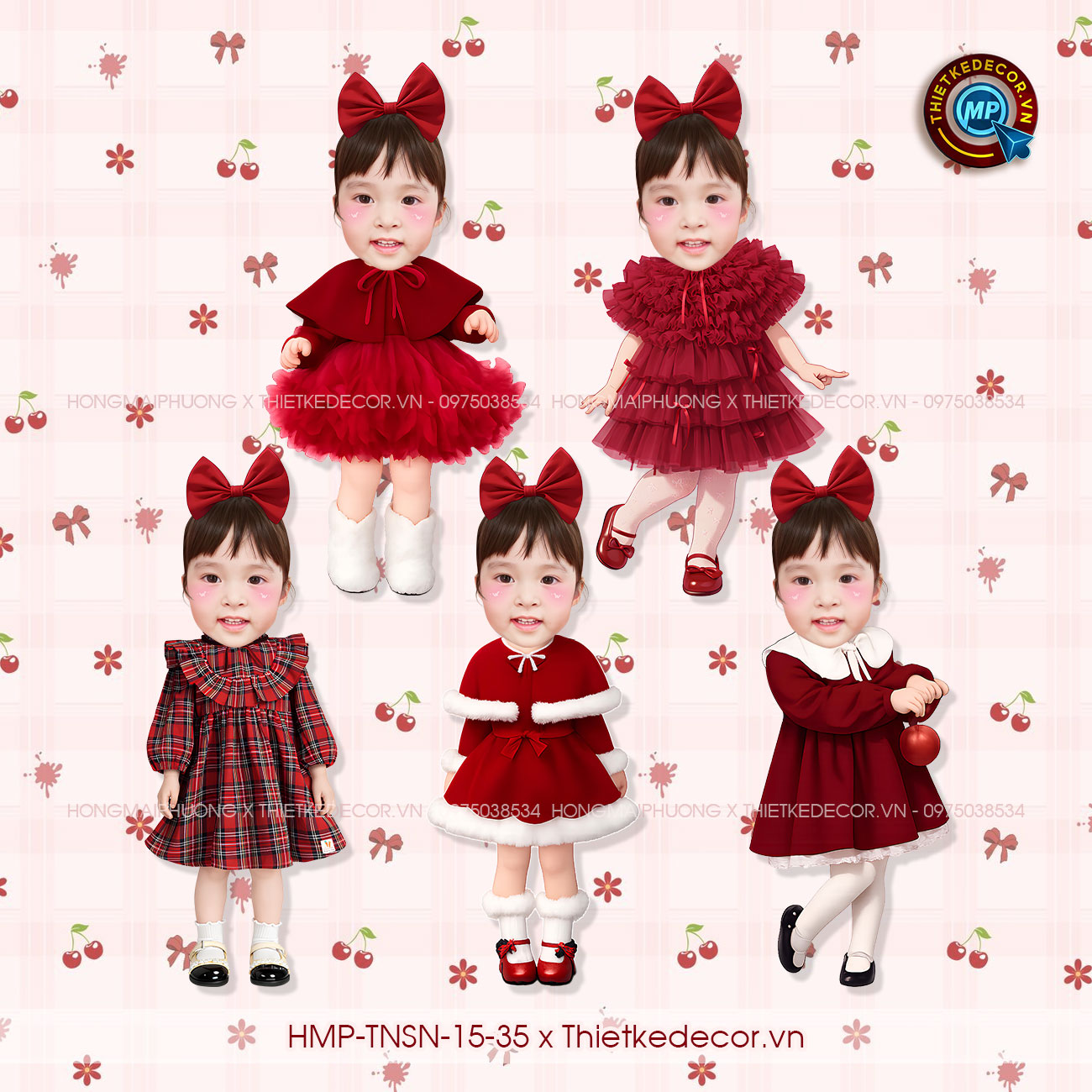 Set 5 file PNG chibi bé gái tone đỏ- chủ đề Giáng sinh/ Noel. Cherry, Dâu Tây.